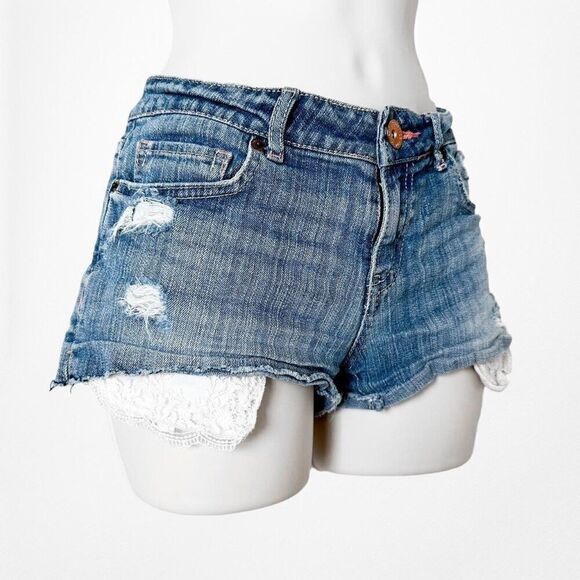 Vintage Y2K Aeropostale Medium Wash Distressed Mid Rise Denim Shorts Size S - Picture 5 of 6